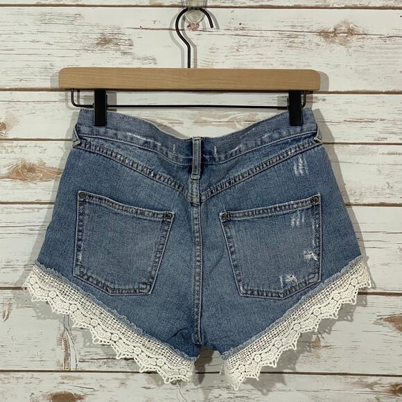 Free People Lace Trim Distressed Denim Shorts - Blue - 25 - Picture 7 of 10